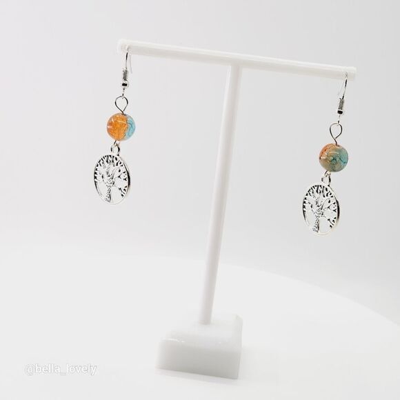 Tree of Life Blue Orange Fire Agate Tibetan Silver Toned Earrings - Picture 4 of 4